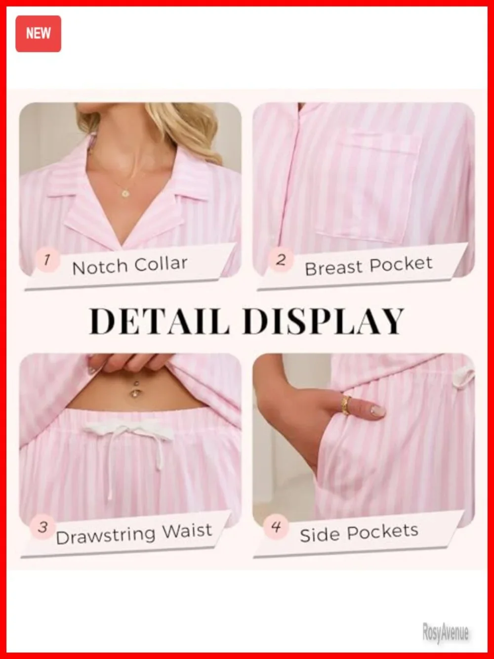 Women's Striped Pajama Set, Short Sleeve Button Down Notch Collar Sleepwear